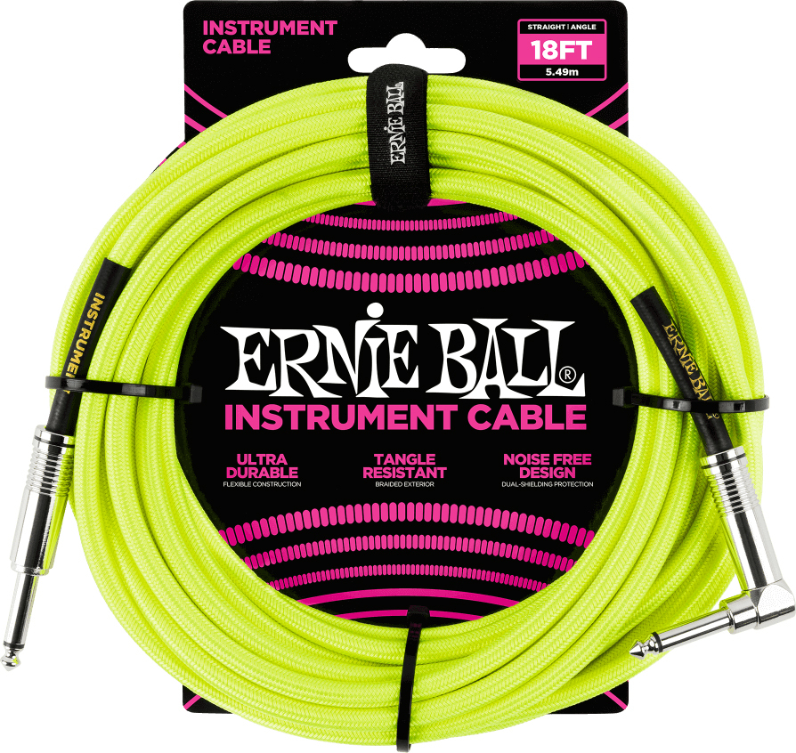 Ernie Ball P06085 Braided 18ft Straight / Angle Instrument Cable 5.49m Droit / Coude Neon Yellow - Afinador de guitarra - Main picture