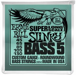 Cuerdas para bajo eléctrico Ernie ball P02850 5-String Slinky Nickel Wound Super Long Scale Electric Bass Strings 45-130 - Juego de 5 cuerdas