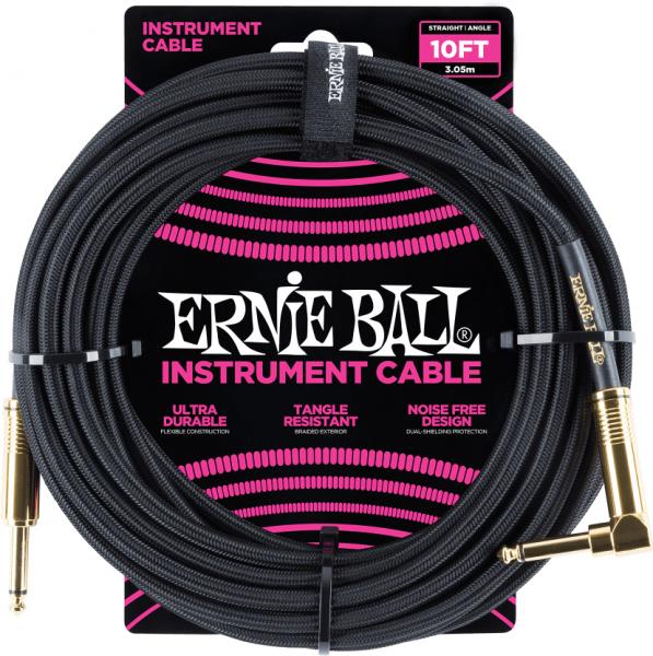 Afinador de guitarra Ernie ball P06081 Braided 10ft Straigth / Angle Instrument Cable - Black