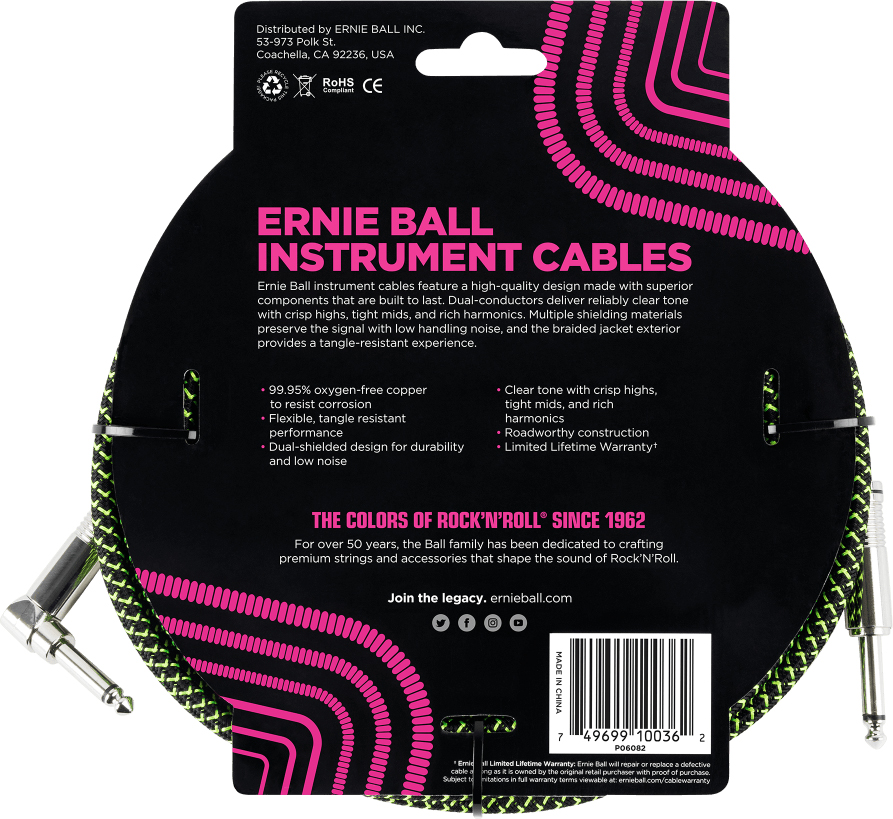 Ernie Ball P06082 Braided 18ft Straight / Angle Instrument Cable 5.49m Droit / Coude Black & Green - Afinador de guitarra - Variation 1