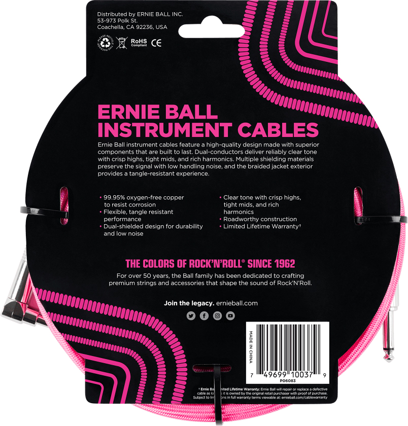 Ernie Ball P06083 Braided 18ft Straight / Angle Instrument Cable 5.49m Droit / Coude Neon Pink - Afinador de guitarra - Variation 1