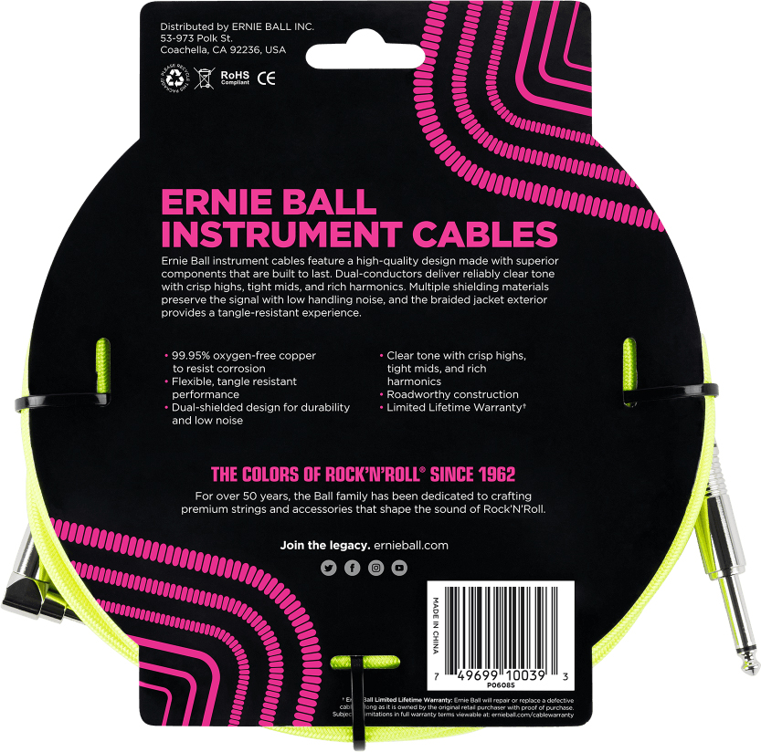 Ernie Ball P06085 Braided 18ft Straight / Angle Instrument Cable 5.49m Droit / Coude Neon Yellow - Afinador de guitarra - Variation 1