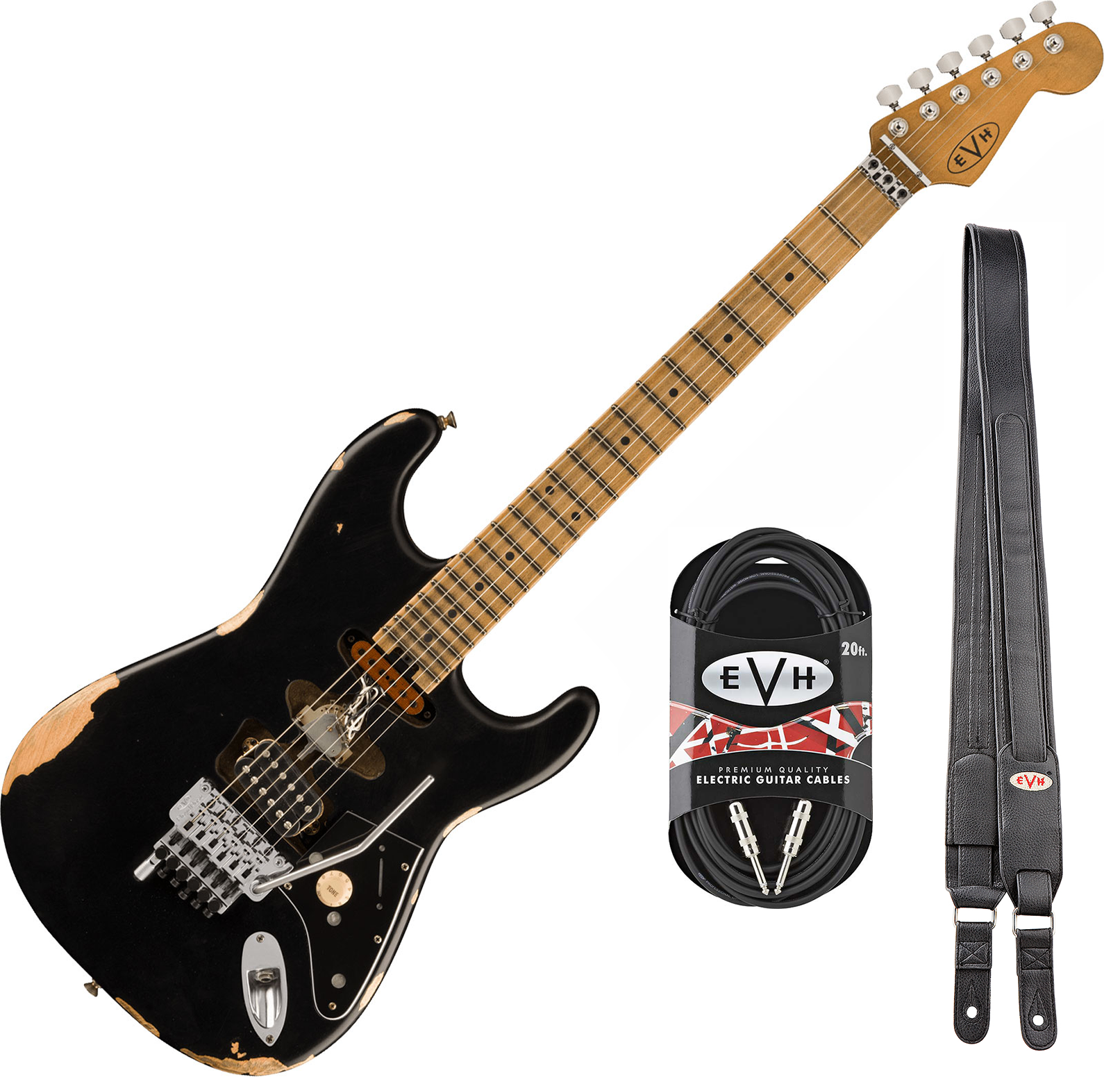Evh Frankenstein Relic Mex 1h Fr Mn + Premium Cable 42.inc + Premium Strap - Black - Packs guitarra eléctrica - Main picture