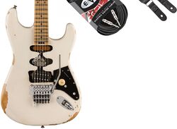 Guitarra eléctrica con forma de str. Evh Frankenstein Relic + Premium Cable 20 ft + Premium Leather Strap - white