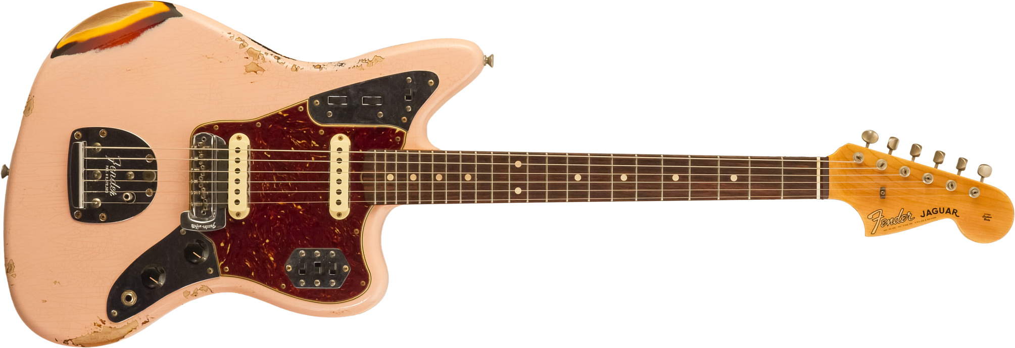 Fender Custom Shop Jaguar 1962 Shsc 2s Trem Rw #r141280 - Heavy Relic Shell Pink O. 3-color Sunburst - Guitarra electrica retro rock - Main picture