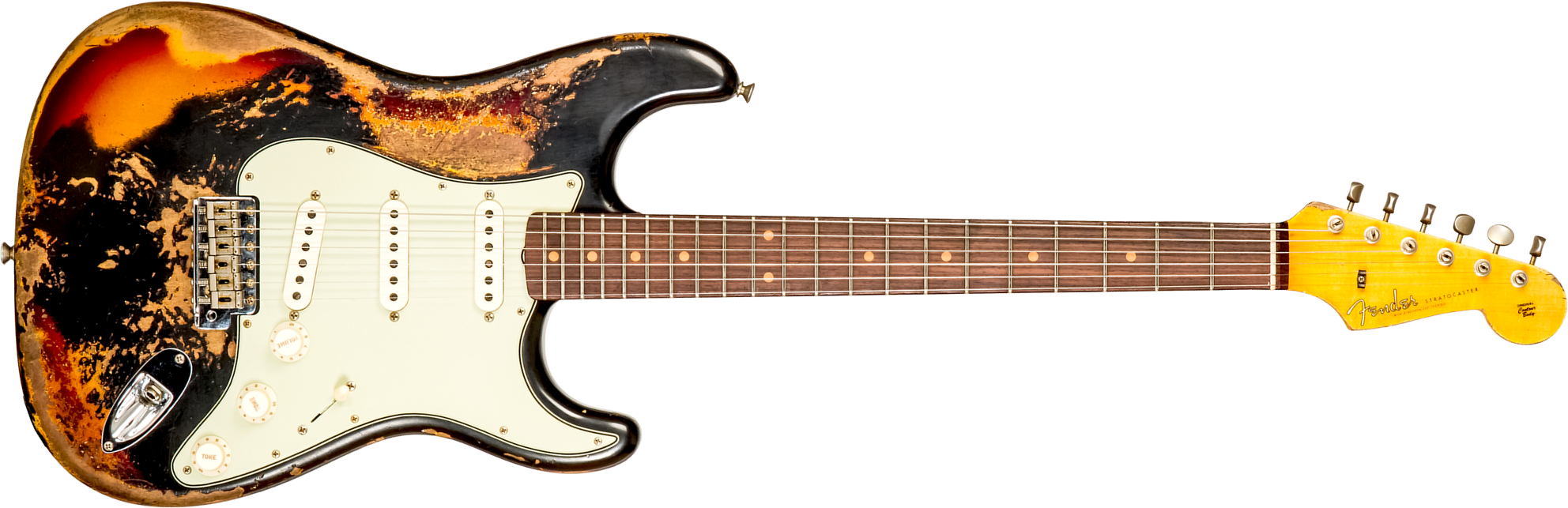 Fender Custom Shop Strat 1959 3s Trem Rw #cz576154 - Super Heavy Relic Black O. 3-color Sunburst - Guitarra eléctrica con forma de str. - Main picture
