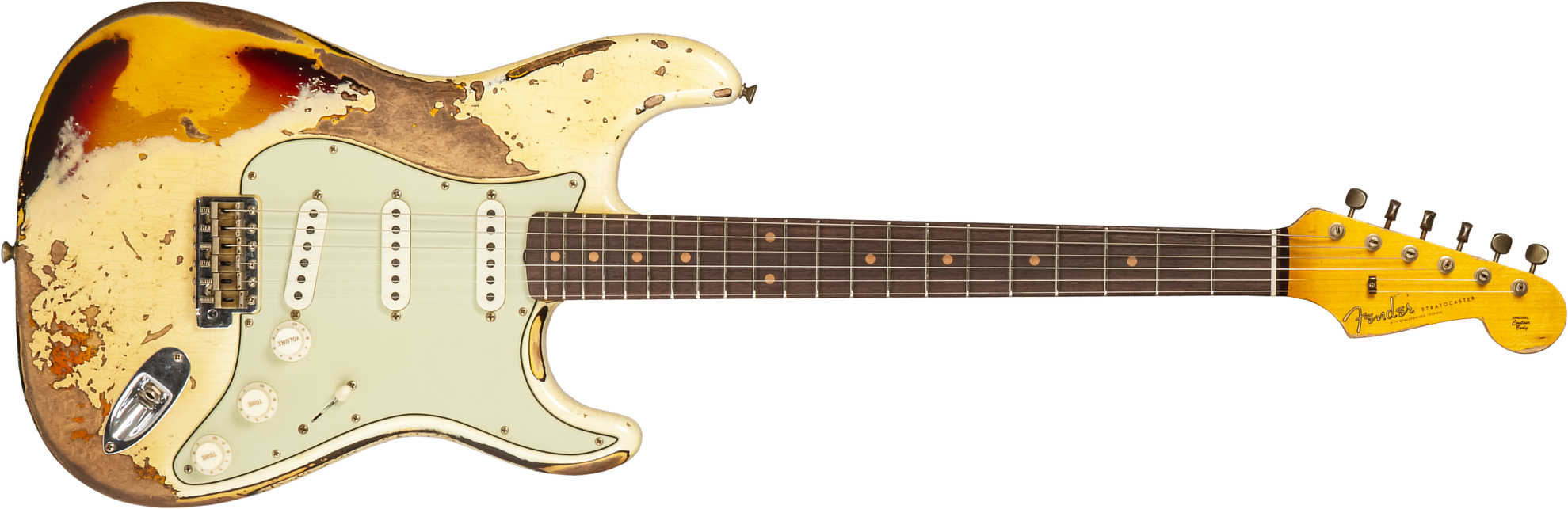 Fender Custom Shop Strat 1959 3s Trem Rw #cz576436 - Super Heavy Relic Vintage White O. 3-color Sunburs - Guitarra eléctrica con forma de str. - Main 