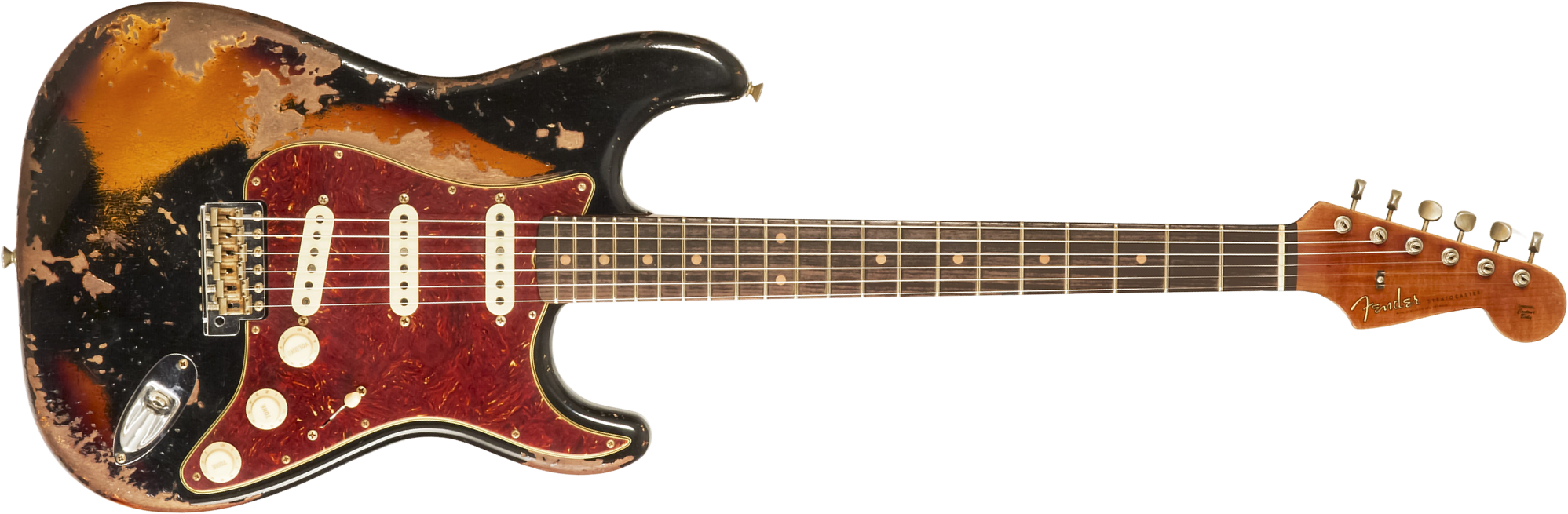 Fender Custom Shop Strat 1960 Roasted 3s Trem Rw #cz581166 - Super Heavy Relic Black O. 2-color Sunburst - Guitarra eléctrica con forma de str. - Main