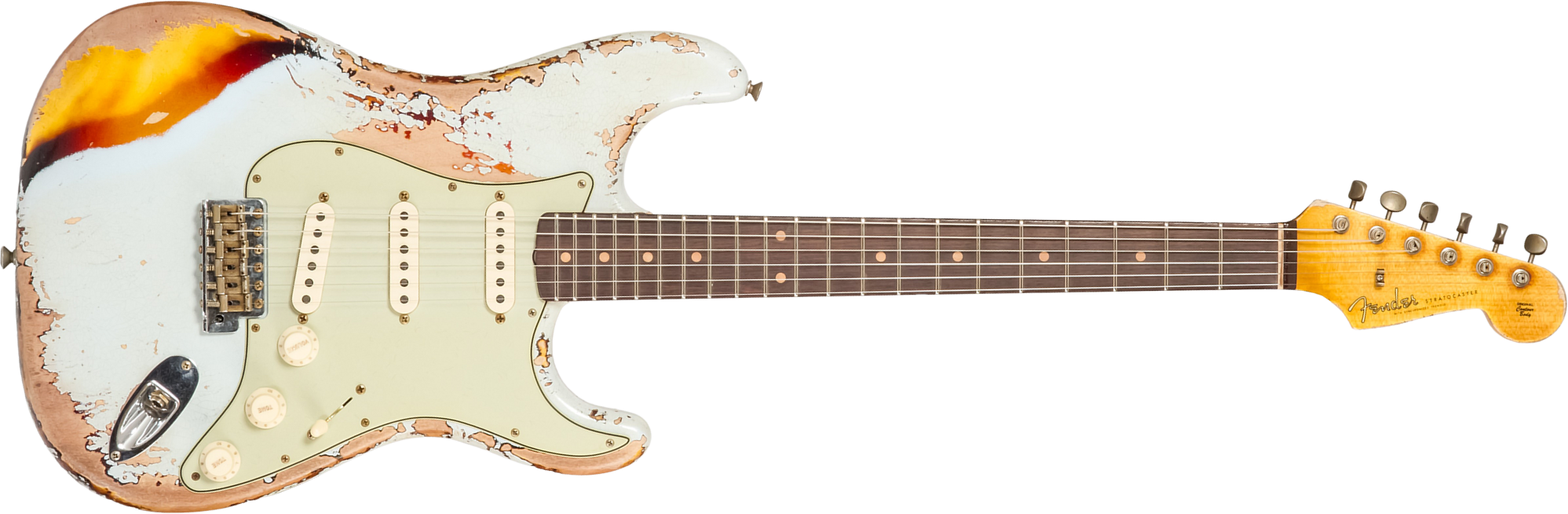 Fender Custom Shop Strat 1961 Bone Tone 3s Trem Rw #cz583129 - Super Heavy Relic Sonic Blue O. 3-color Sunburst - Guitarra eléctrica con forma de str.