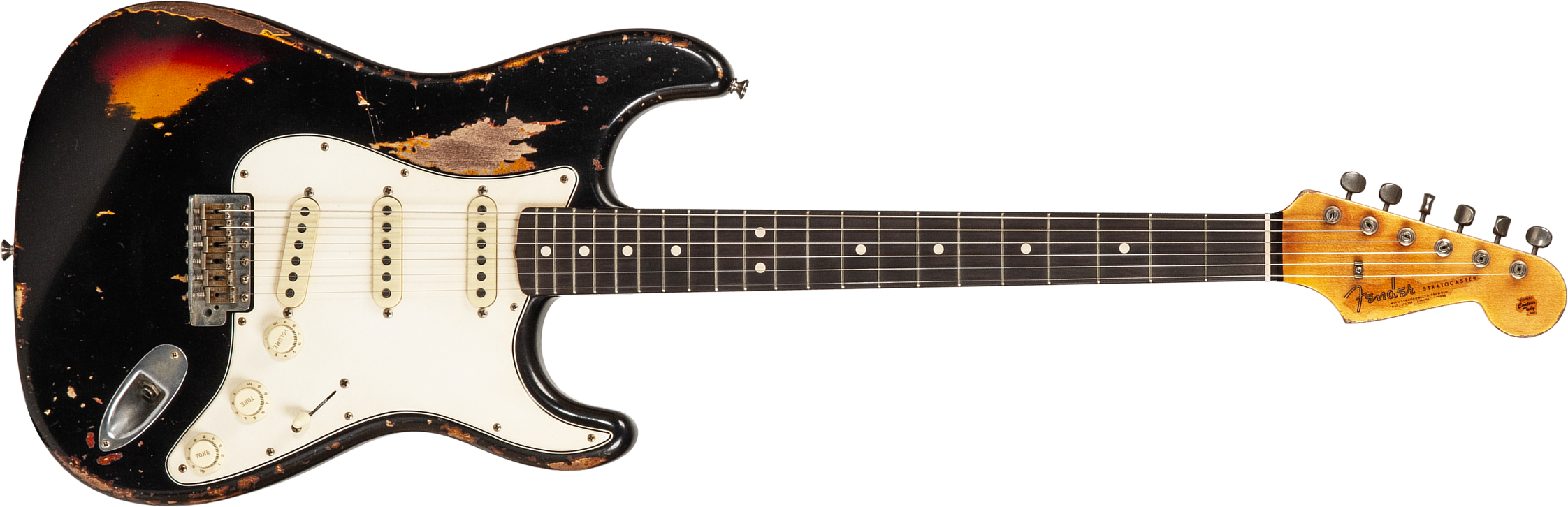 Fender Custom Shop Strat 1963 Masterbuilt K.mcmillin 3s Trem Rw #r127357 - Heavy Relic Black Ov. 3-color Sunburst - Guitarra eléctrica con forma de st