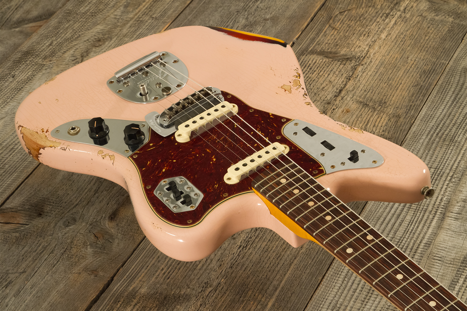 Fender Custom Shop Jaguar 1962 Shsc 2s Trem Rw #r141280 - Heavy Relic Shell Pink O. 3-color Sunburst - Guitarra electrica retro rock - Variation 2