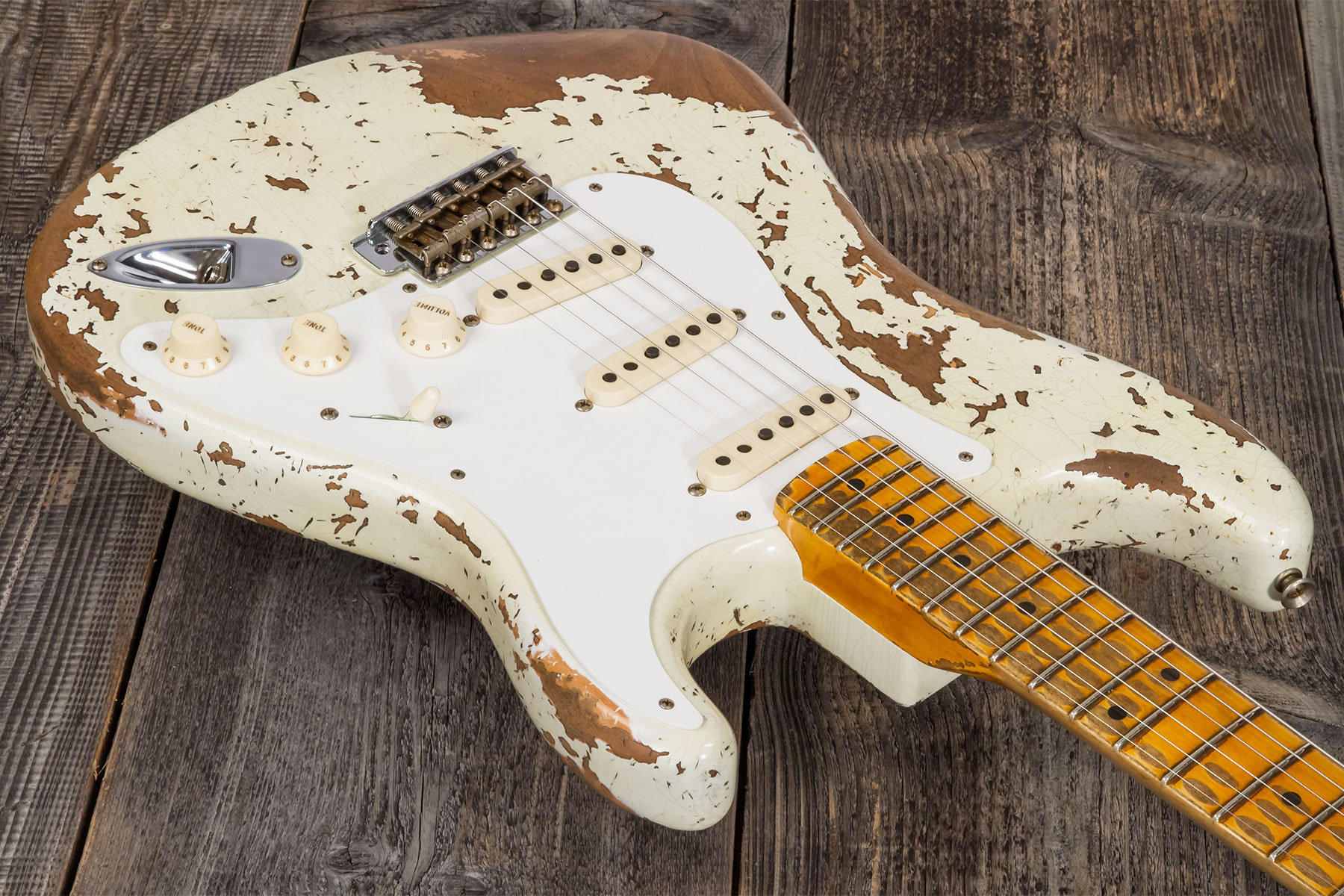 Fender Custom Shop Strat 1956 3s Trem Mn #cz568636 - Super Heavy Relic Aged India Ivory - Guitarra eléctrica con forma de str. - Variation 2