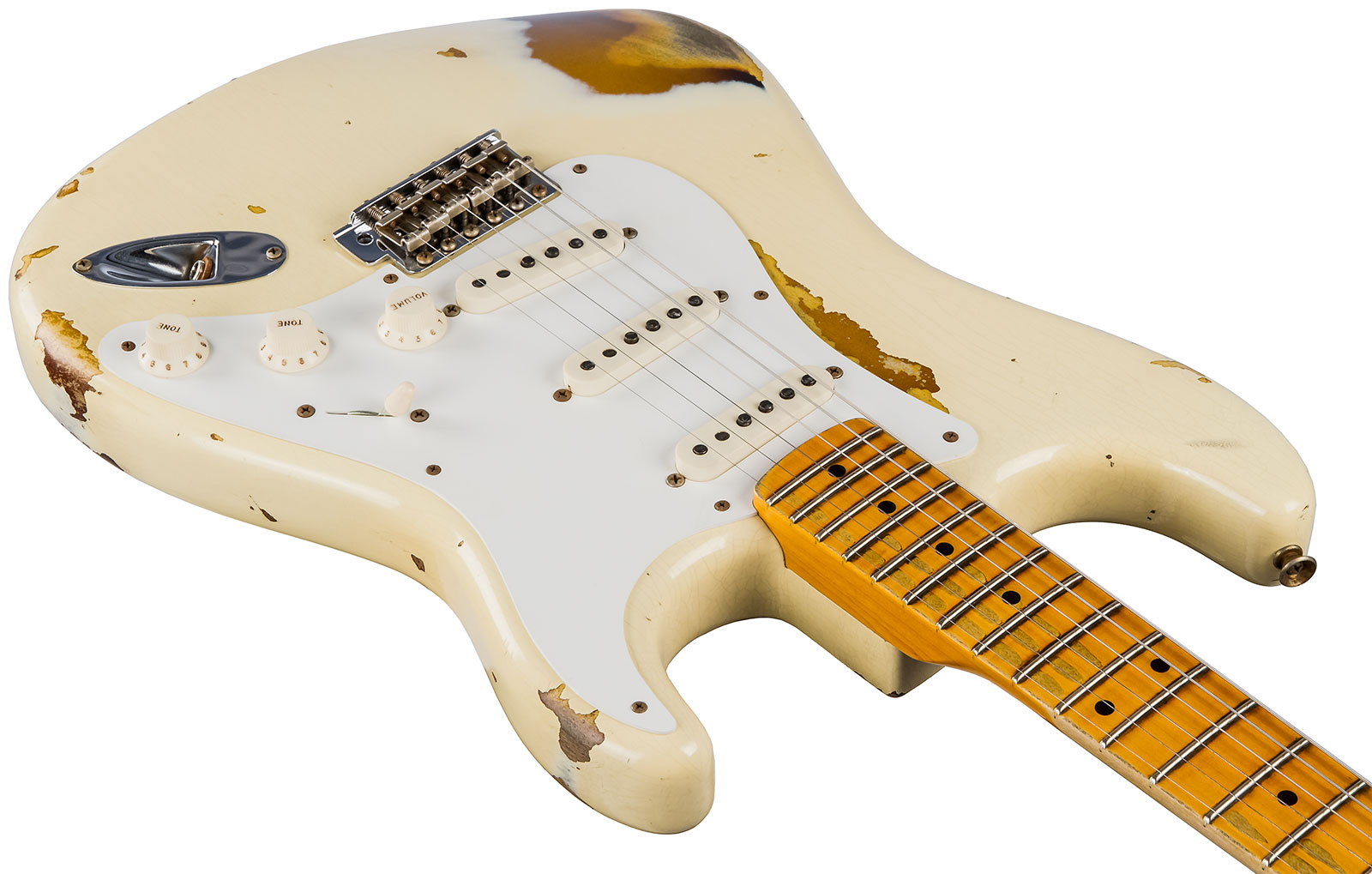 Fender Custom Shop Strat 1956 3s Trem Mn #cz550419 - Heavy Relic Vintage White Over Sunburst - Guitarra eléctrica con forma de tel - Variation 2
