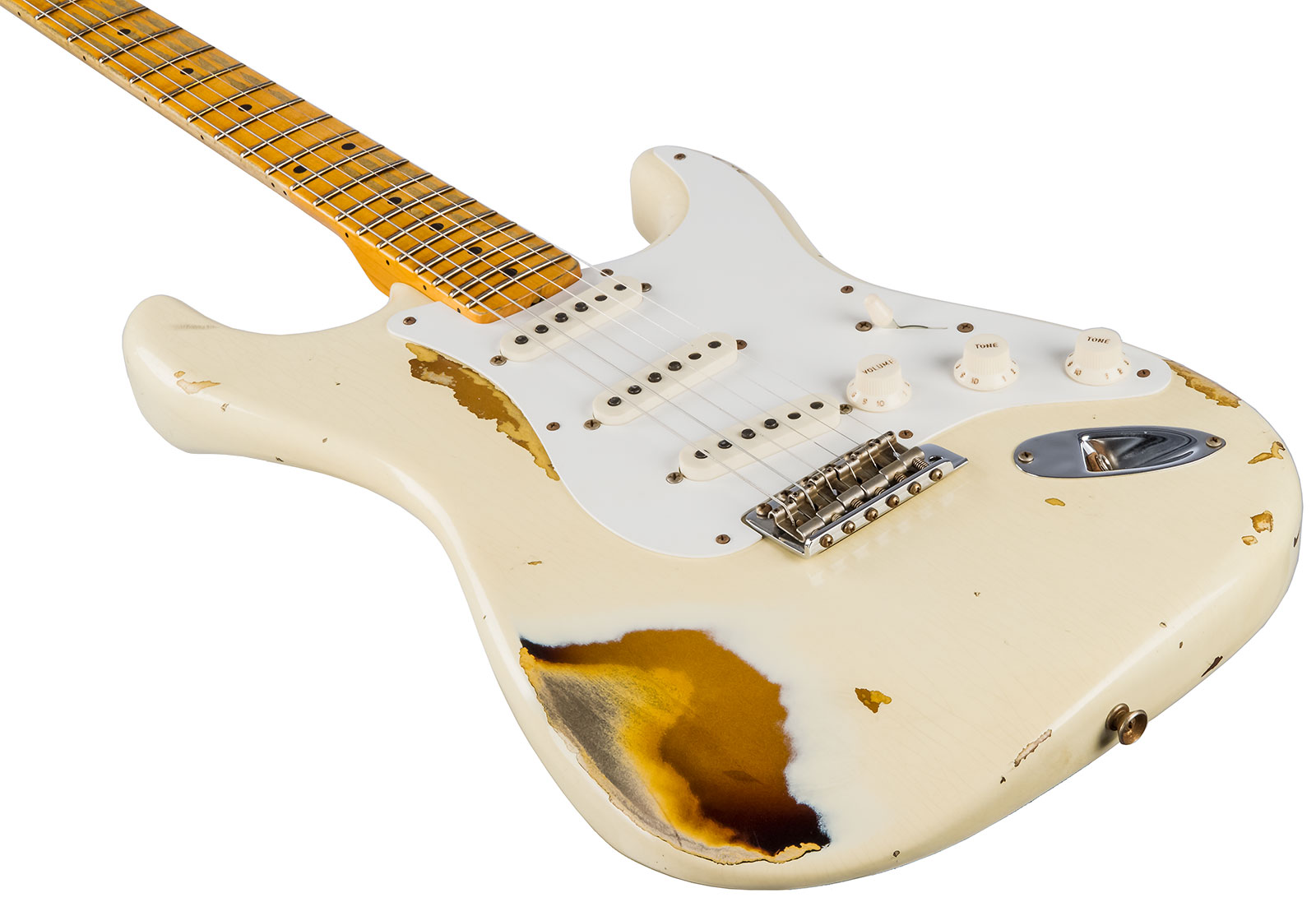 Fender Custom Shop Strat 1956 3s Trem Mn #cz550419 - Heavy Relic Vintage White Over Sunburst - Guitarra eléctrica con forma de tel - Variation 3