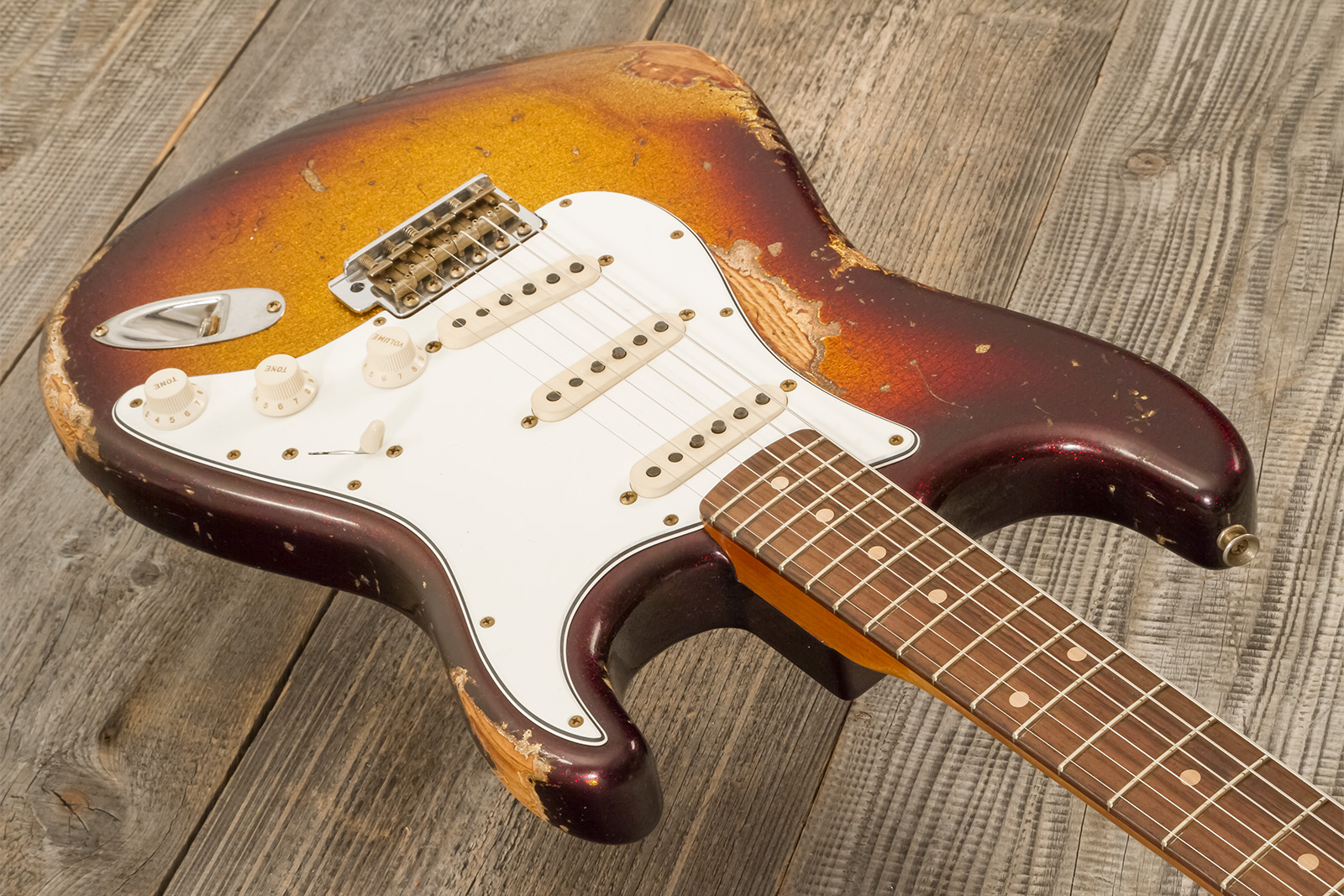 Fender Custom Shop Strat 1963 3s Trem Rw #r141255 - Super Heavy Relic Sparkle 3-color Sunburst - Guitarra eléctrica con forma de str. - Variation 4