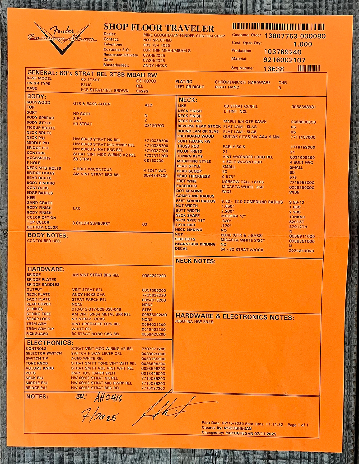 Fender Custom Shop Strat 60s Mb A.hicks 3s Trem Rw #4681 #ah0416 - Relic 3-color Sunburst - Guitarra eléctrica con forma de str. - Variation 13