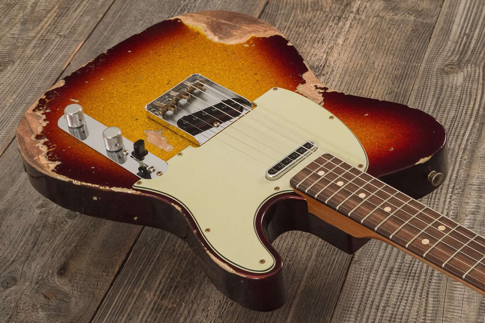 Fender Custom Shop Tele 1963 2s Ht Rw #r141275 - Heavy Relic Sparkle 3-color Sunburst - Guitarra eléctrica con forma de tel - Variation 4