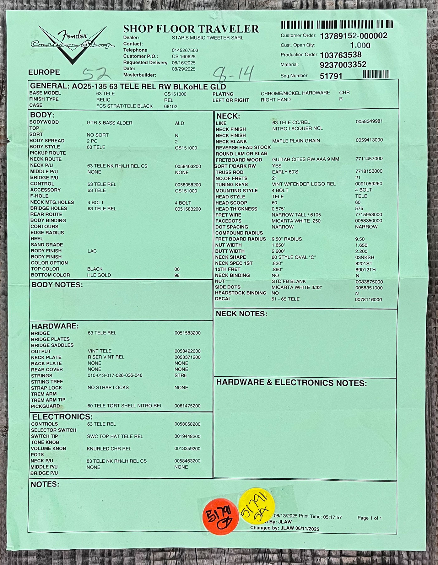 Fender Custom Shop Tele 1963 2s Ht Rw #r143447 - Black Over Hle Gold - Guitarra eléctrica con forma de tel - Variation 14