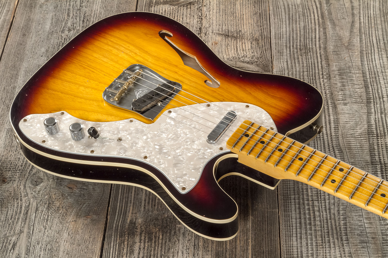 Fender Custom Shop Tele Thinline 50s Mn #cz574212 - Journeyman Relic Aged 2-color Sunburst - Guitarra eléctrica con forma de tel - Variation 3