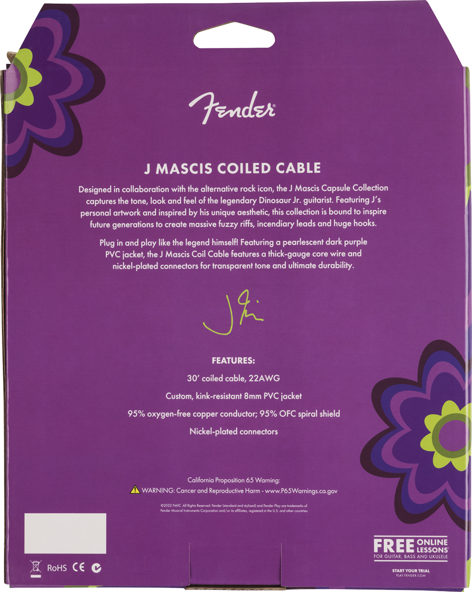 Fender J Mascis Coiled Instrument Cable Signature Droit Coude 90ft 9.14m Purple - Cable - Variation 1