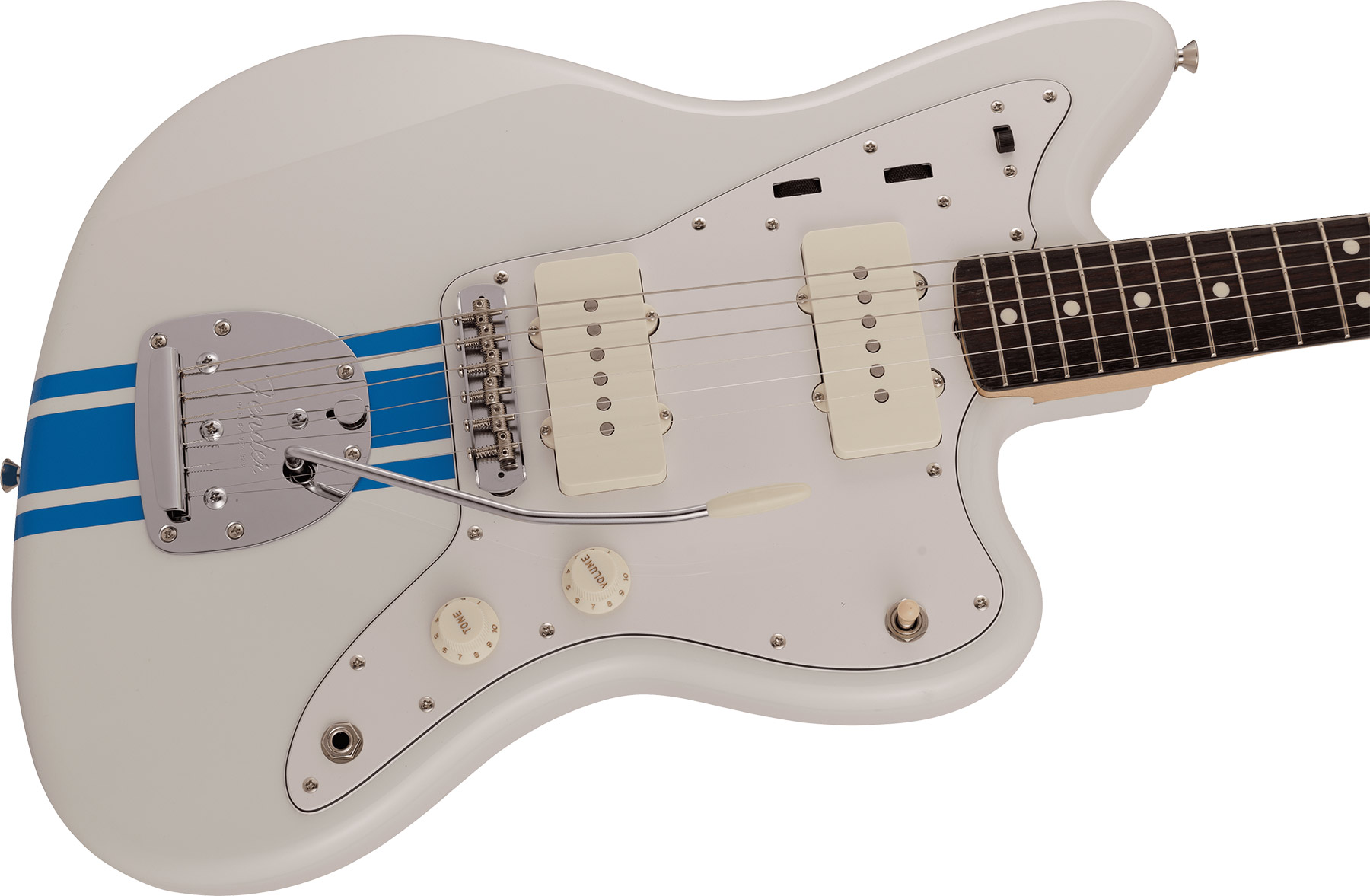 Fender Jazzmaster Traditional 60s Mij Jap 2s Trem Rw - Olympic White W/ Blue Competition Stripe - Guitarra electrica retro rock - Variation 2