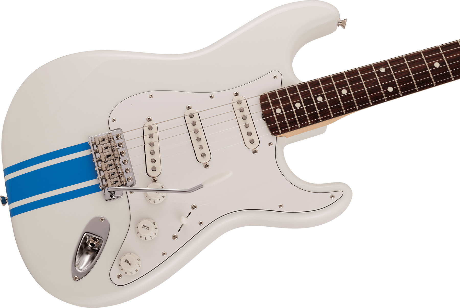 Fender Strat Traditional 60s Mij Jap 3s Trem Rw - Olympic White W/ Blue Competition Stripe - Guitarra eléctrica con forma de str. - Variation 2