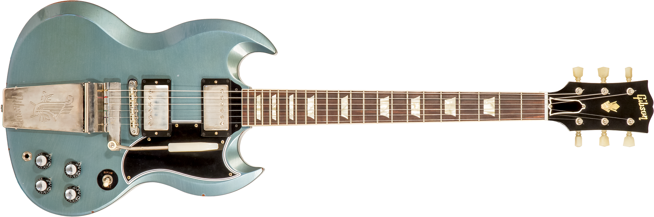 Gibson Custom Shop Murphy Lab Sg Standard 1964 Maestro Reissue Trem 2h Trem Rw #200224 - Light Aged Pelham Blue - Guitarra eléctrica de doble corte - 