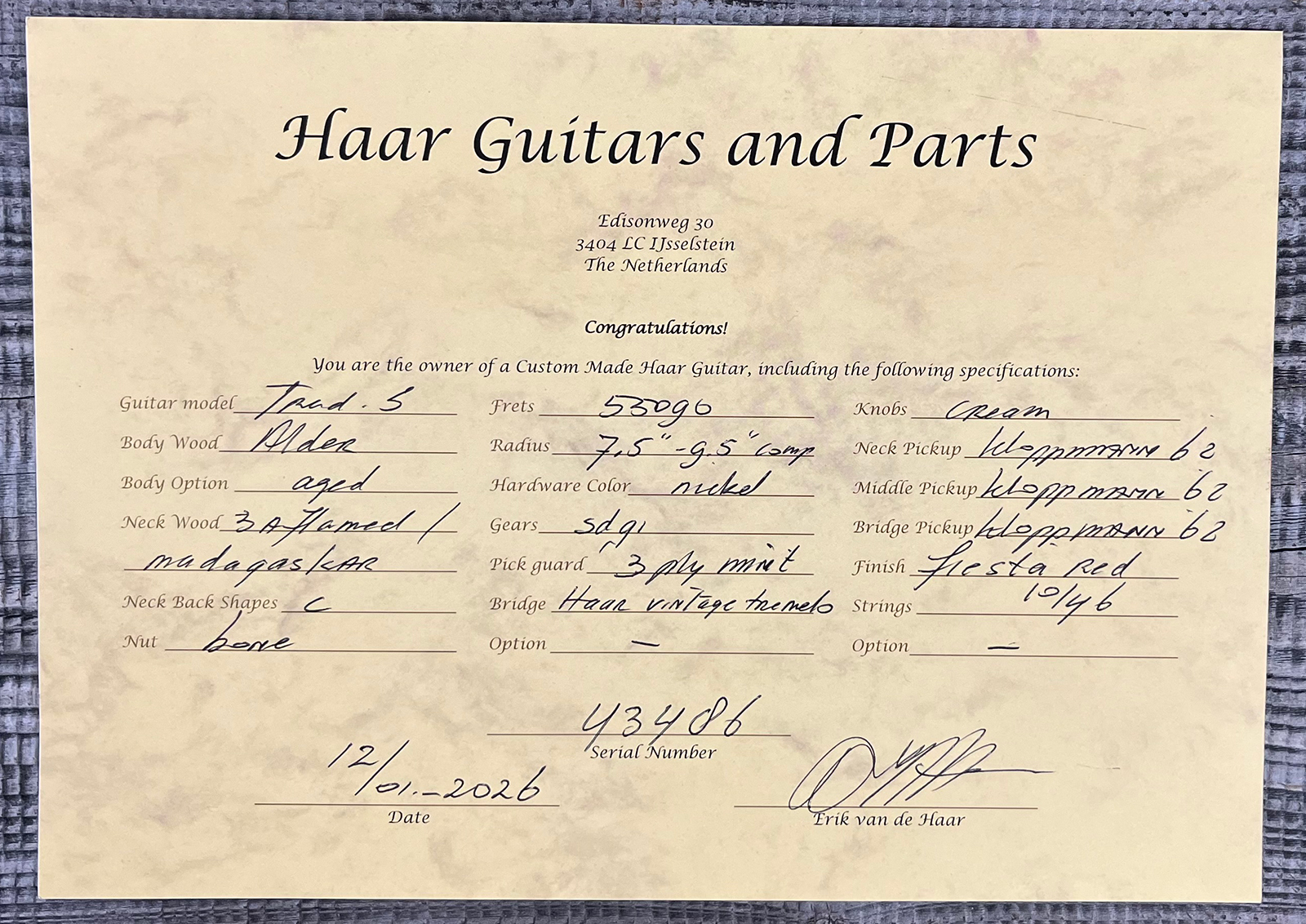 Haar Guitars Trad S 3s Klopppmann Trem Rw #43486 - Aged Fiesta Red - Guitarra eléctrica con forma de str. - Variation 11