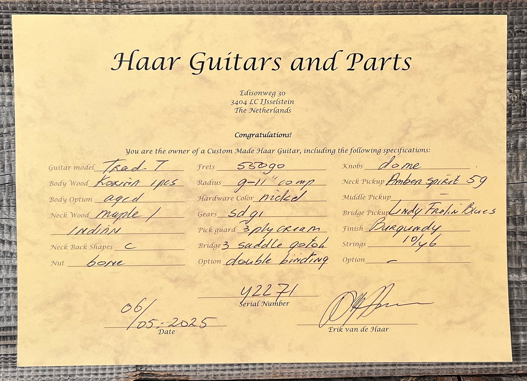 Haar Guitars Trad T Custom Sh Lindy Fralin Ht Rw #42271 - Aged Burgundy - Guitarra eléctrica con forma de tel - Variation 13