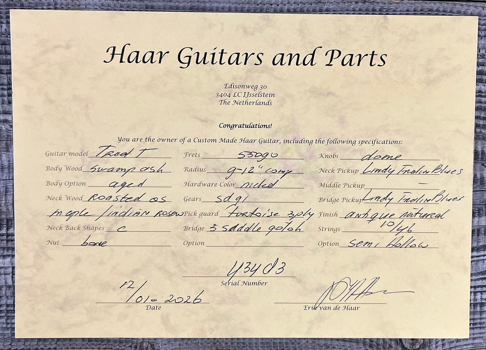 Haar Guitars Trad T Thinline 2s Lindy Fralin Rw #43483 - Aged Antique Natural - Guitarra eléctrica con forma de tel - Variation 11