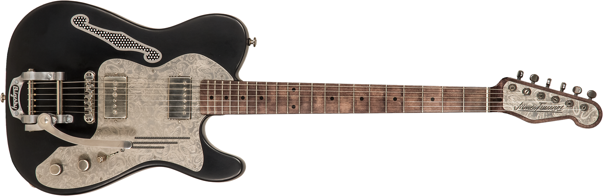James Trussart Deluxe Steelcaster Perf.back P90h Bigsby Mn #21132 - Antique Silver Paisley Engraved Satin Black - Guitarra eléctrica con forma de tel 