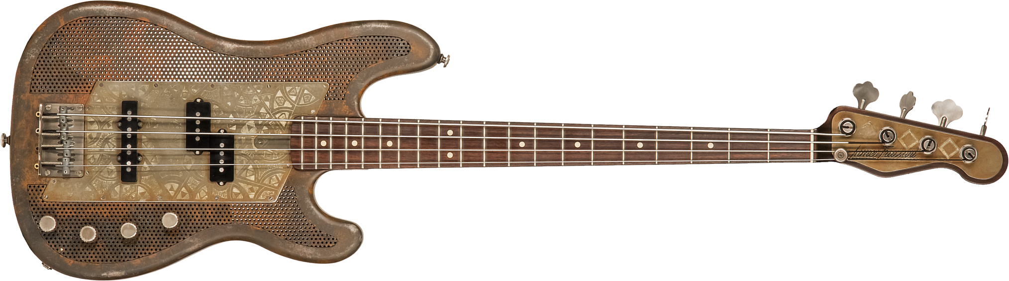 James Trussart Steelcaster Bass Perforated Active Pf #19045 - Rust O Matic African Engraved - Bajo eléctrico de cuerpo sólido - Main picture