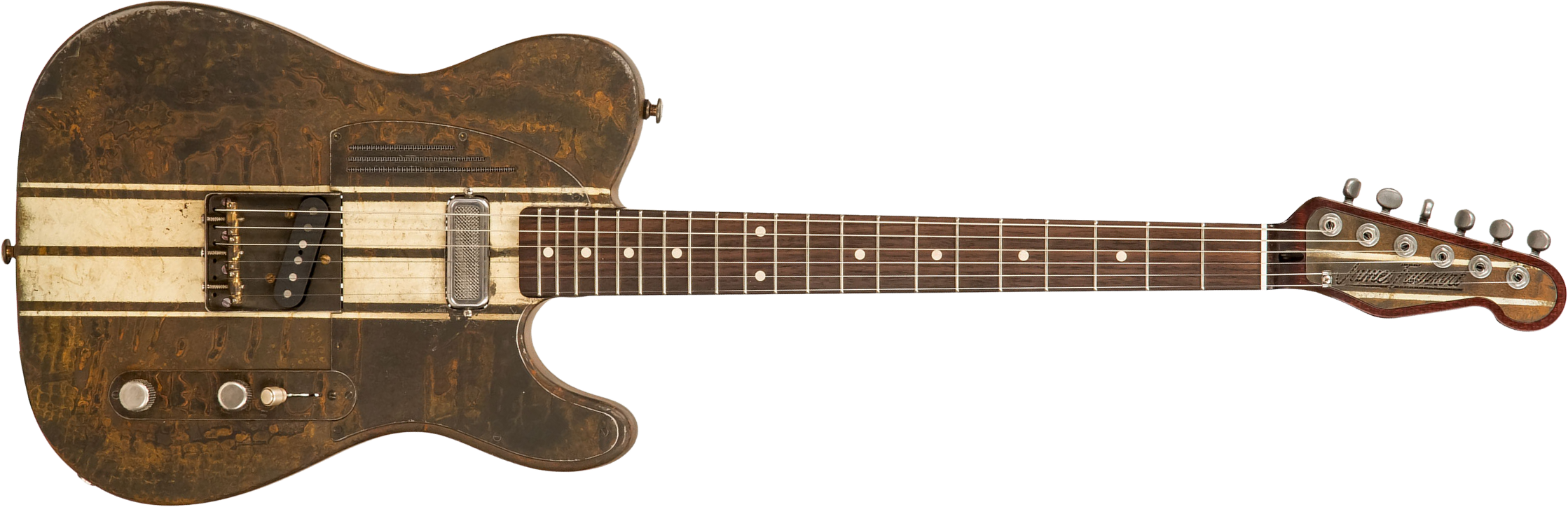 James Trussart Steelcaster Deluxe Perf. Back 2s Pf #20033 - Rust O Matic Cream Racing Stripes - Guitarra eléctrica con forma de tel - Main picture