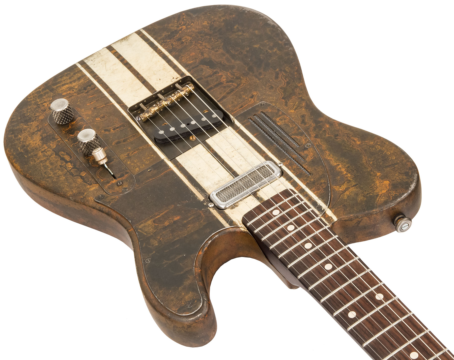 James Trussart Steelcaster Deluxe Perf. Back 2s Pf #20033 - Rust O Matic Cream Racing Stripes - Guitarra eléctrica con forma de tel - Variation 2