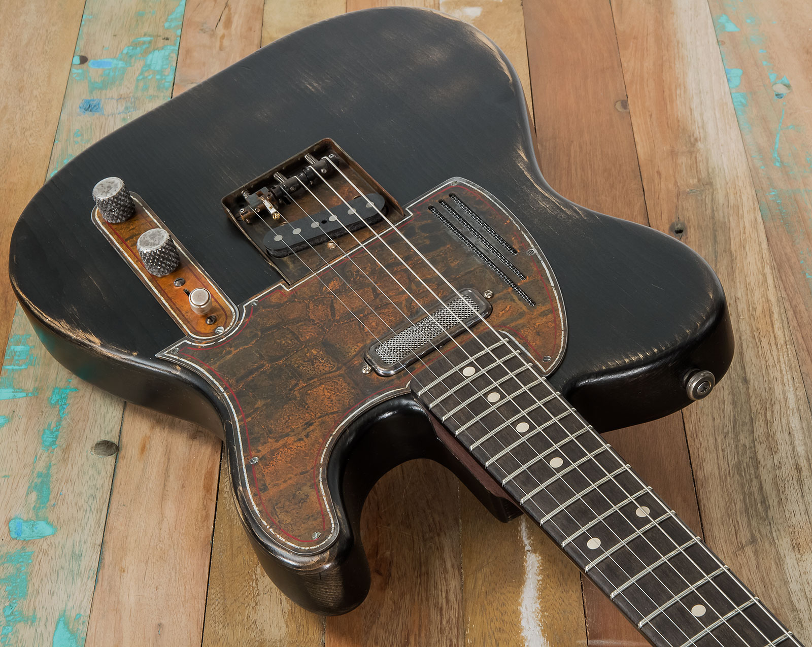 James Trussart Steelguardcaster Glaser B Bender Sh Ht Eb #21062 - Rust O Matic Pinstriped Black Nitro - Guitarra eléctrica con forma de tel - Variatio