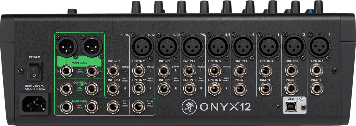 Mesa de mezclas premium Onyx estándard de 12 canales, de Mac
