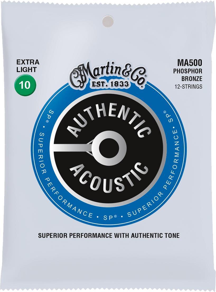 Cuerdas guitarra acústica Martin MA500 Acoustic Guitar 12-String Set Authentic SP 80/20 Bronze 6-String Set Authentic SP 80/20 Bronze 10-47