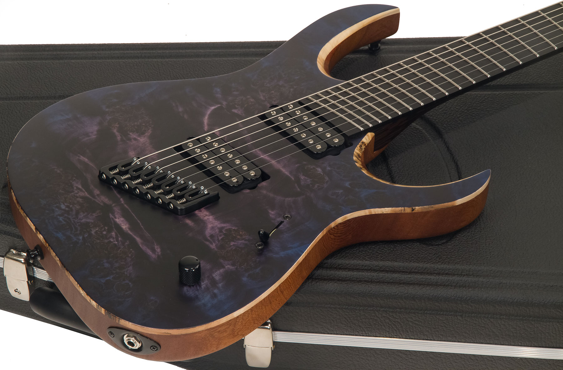 Mayones Guitars Duvell Elite V-frets 7c Multiscale 2h Bare Knuckle Ht Eb - Dirty Purple Blue Burst - Multi-Scale Guitar - Variation 1