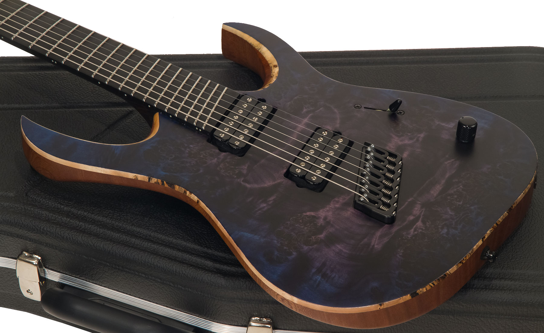 Mayones Guitars Duvell Elite V-frets 7c Multiscale 2h Bare Knuckle Ht Eb - Dirty Purple Blue Burst - Multi-Scale Guitar - Variation 2