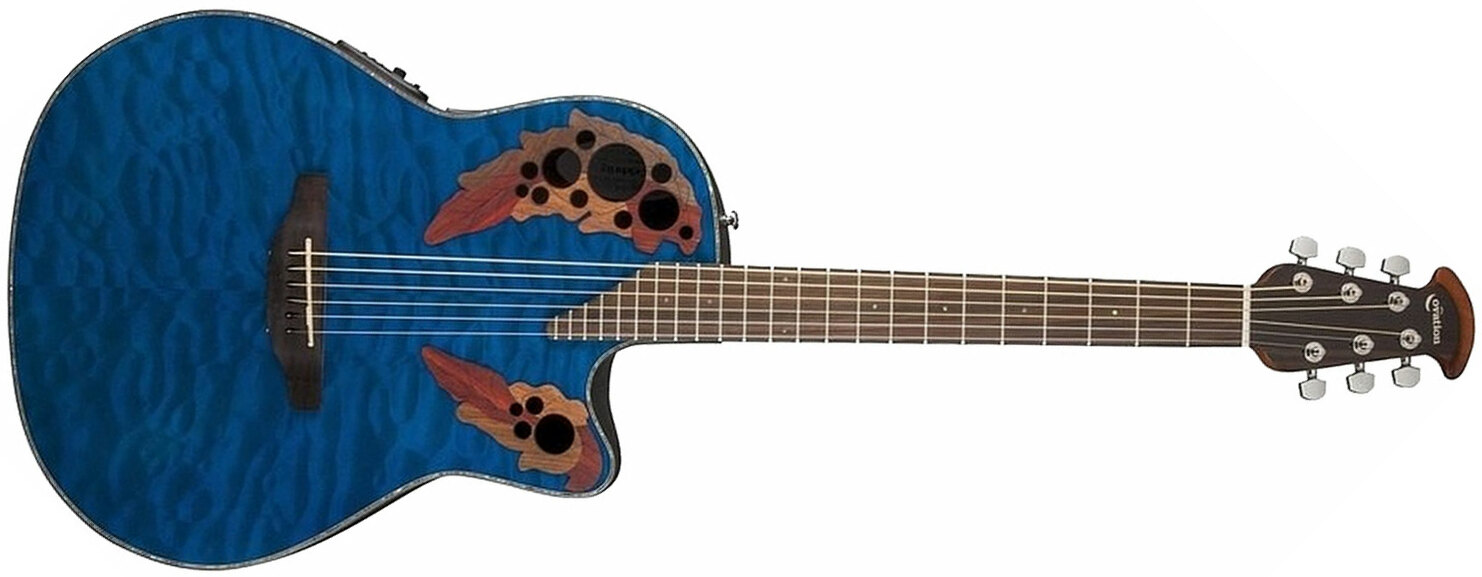 Ovation Ce44p-8tq Celebrity Elite Plus Mid Depth Cw Erable Lyrachord Rw - Trans Blue - Guitarra electro acustica - Main picture