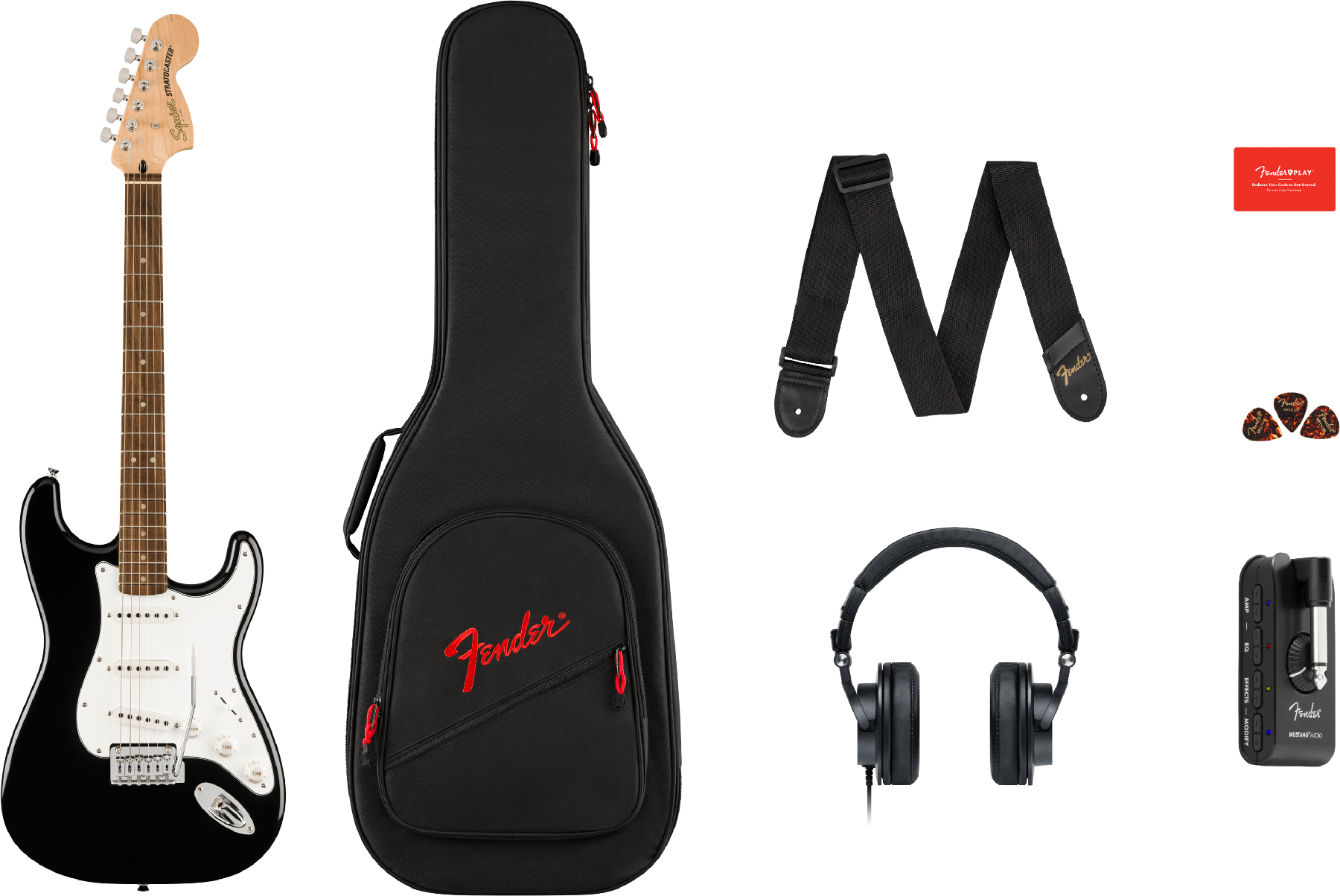 Squier Strat Affinity + Mustang Micro Pack 3s Trem Lau - Black - Packs guitarra eléctrica - Main picture
