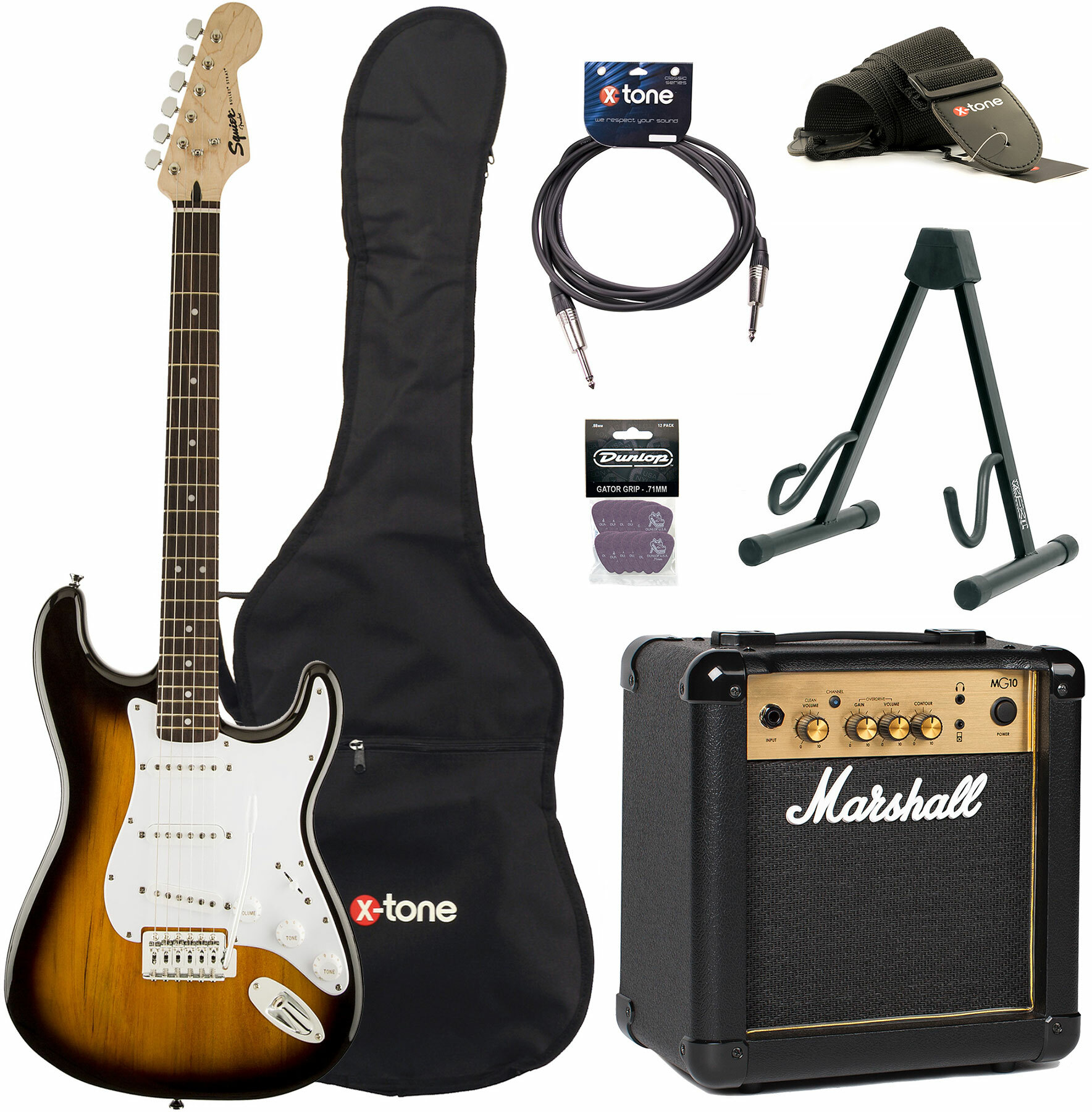 Squier Strat Bullet Sss + Marshall Mg10g + Access X-tone - Brown Sunburst - Packs guitarra eléctrica - Main picture