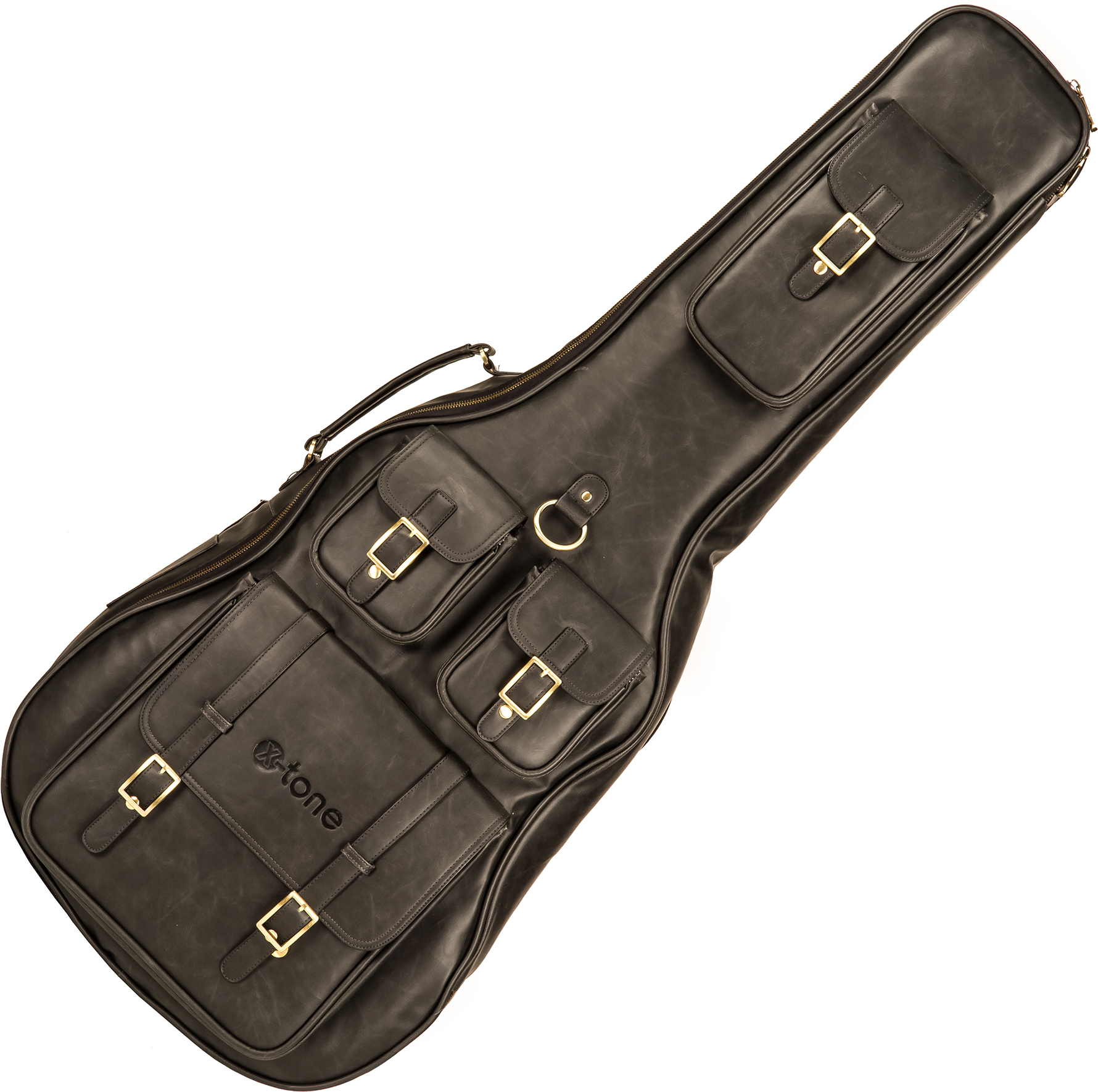 X-tone 2035 Fol-bk Deluxe Leather Acoustic Dreadnought Guitar Bag Cuir Matt Black (ex 2067) - Bolsa para guitarra acústica - Main picture