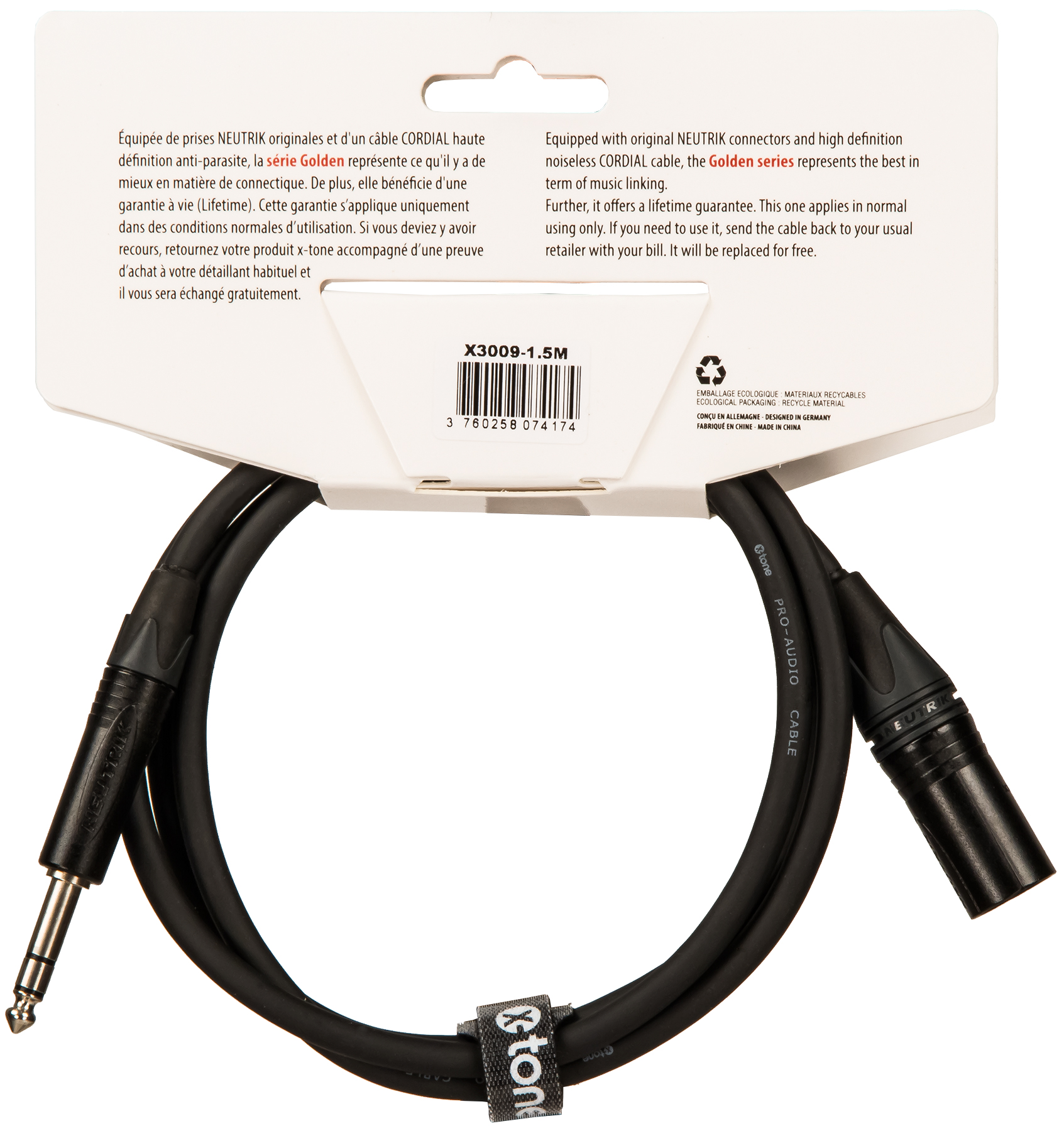 X-tone X3009-1.5m Cable Golden Series Neutrik Xlr(m) / Jack(m) 6,35 Trs - Cable - Variation 1