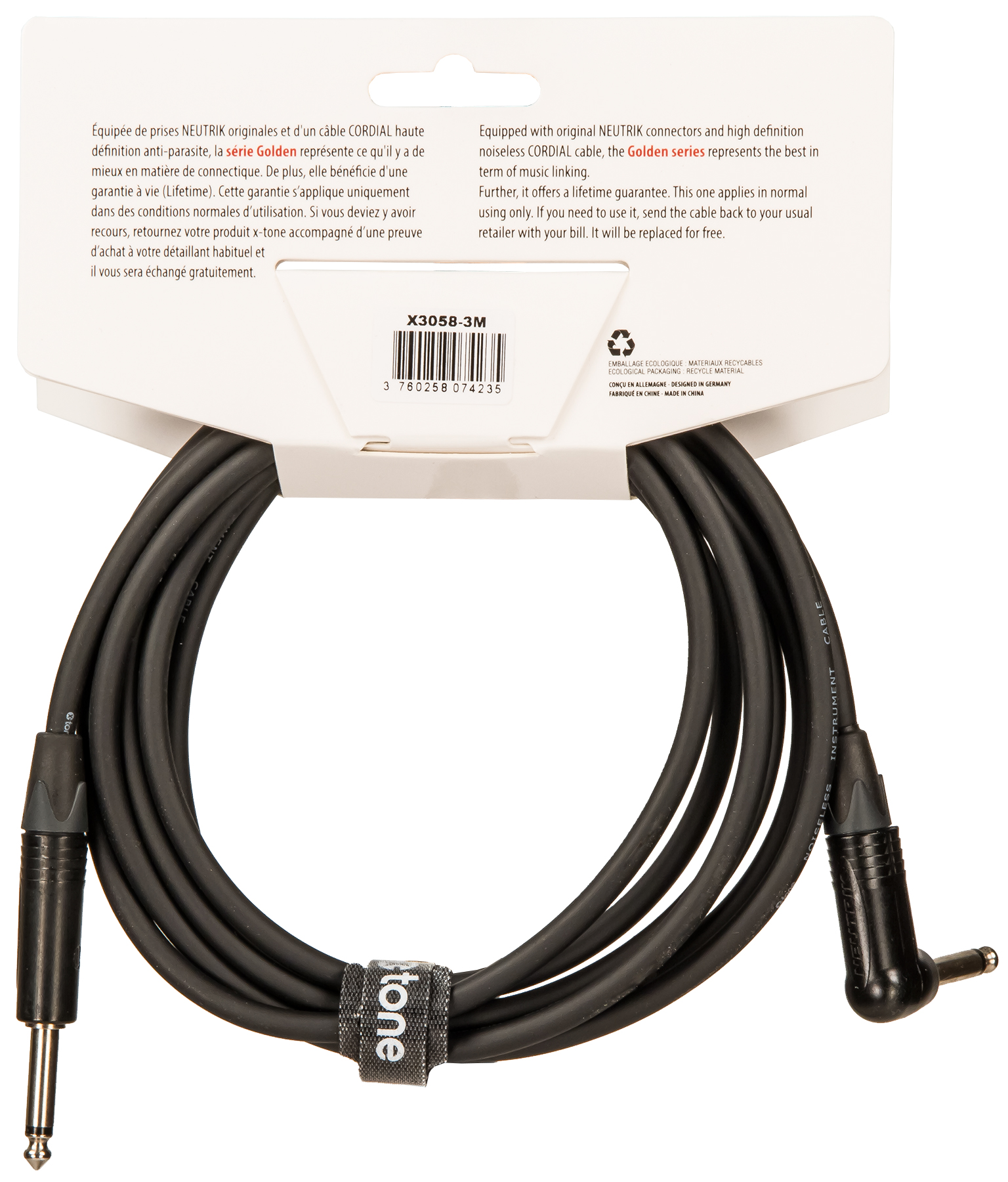 X-tone X3058-3m Instrument Cable Golden Neutrik Droit/coude 3m - Cable - Variation 1
