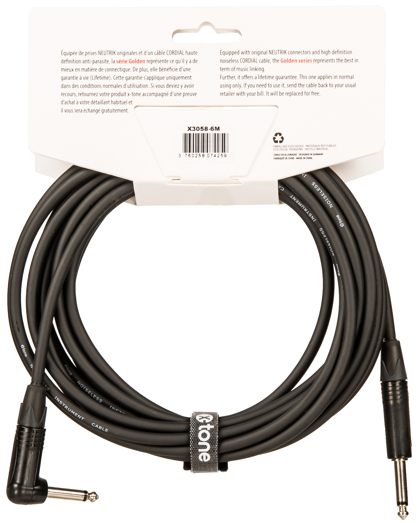 X-tone X3058-6m Instrument Cable Golden Series Neutrik Droit/coude 6m - Cable - Variation 2