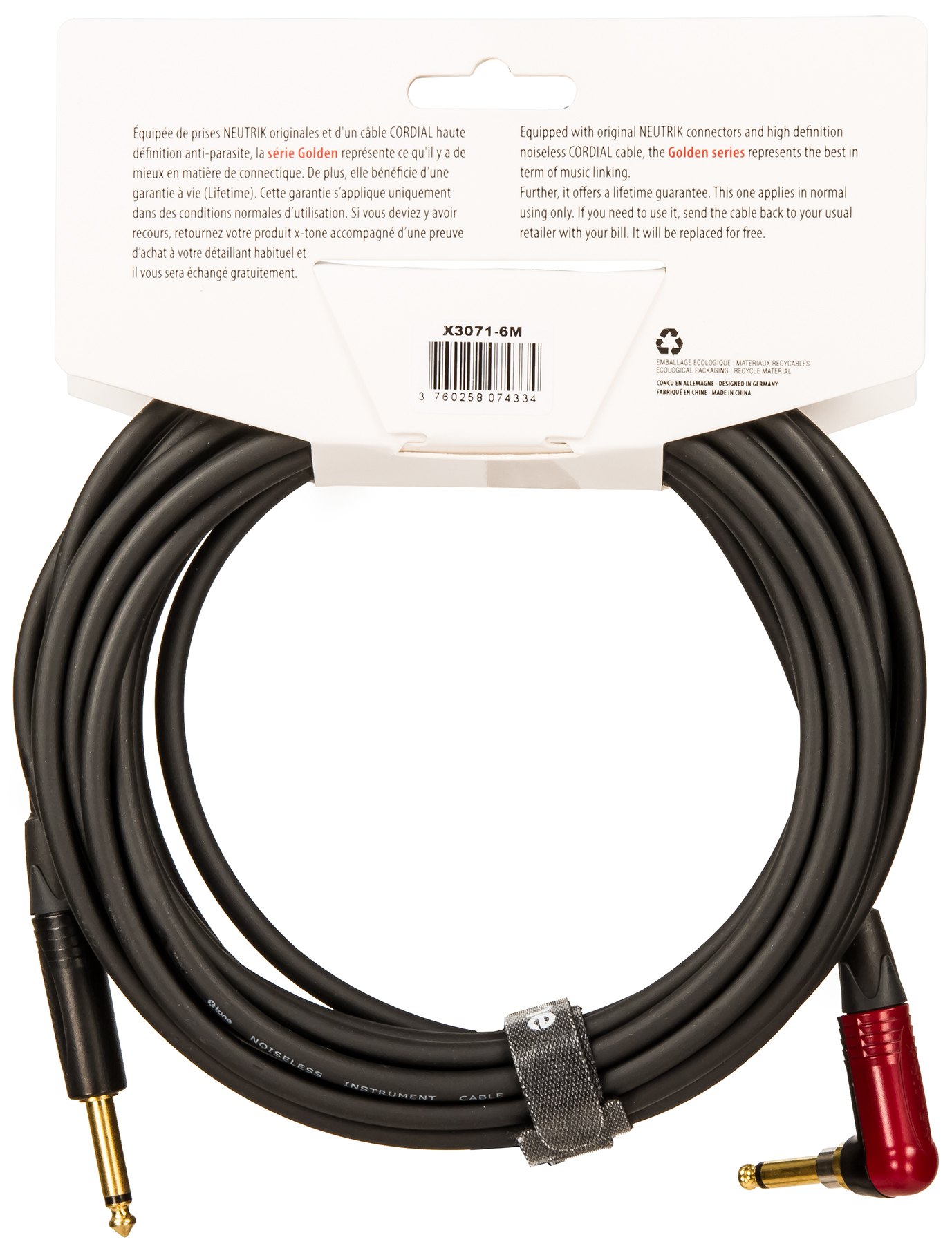 X-tone X3071-6m Instrument Cable Golden Neutrik Silent Droit/coude 6m - Cable - Variation 1